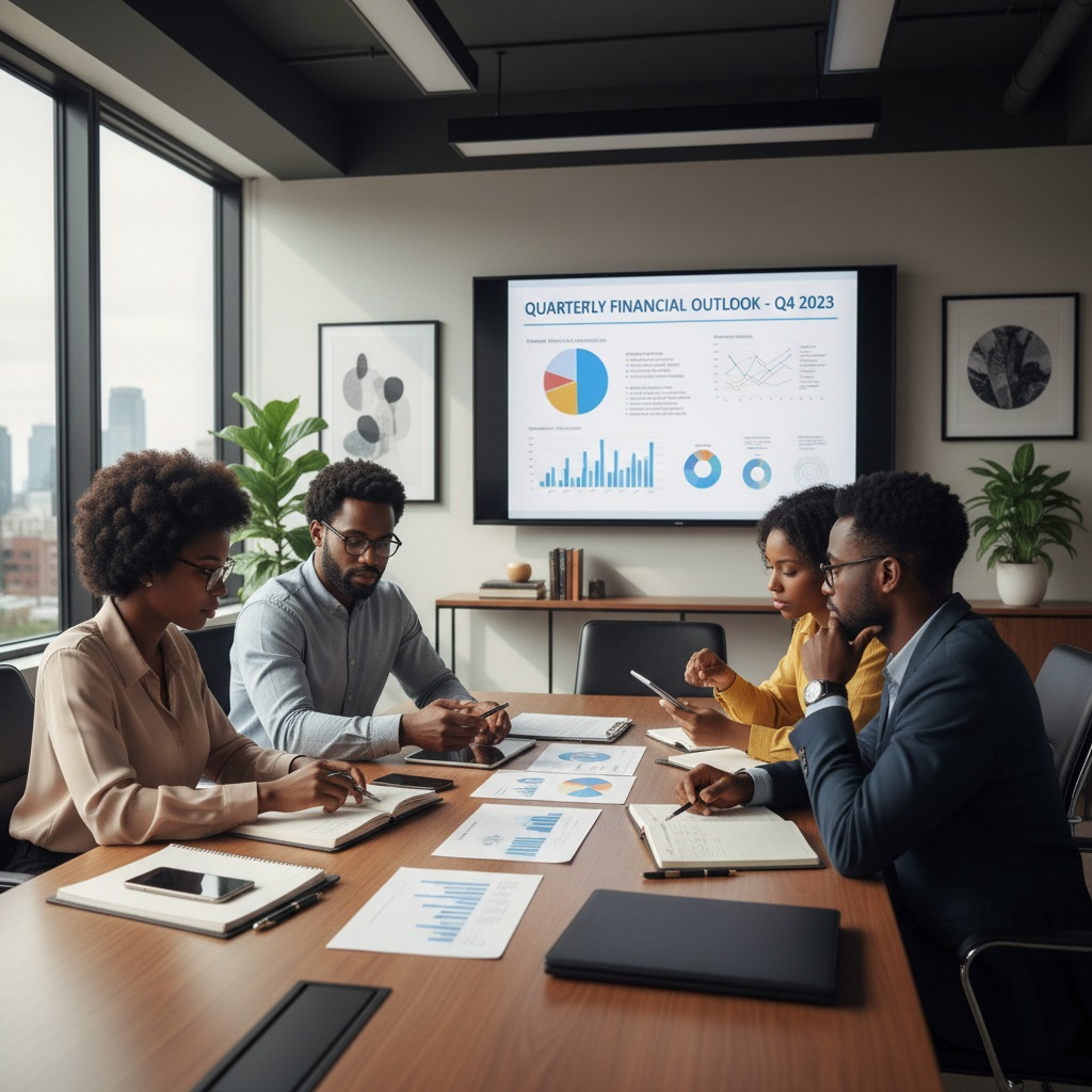 A team reviewing financial reports together